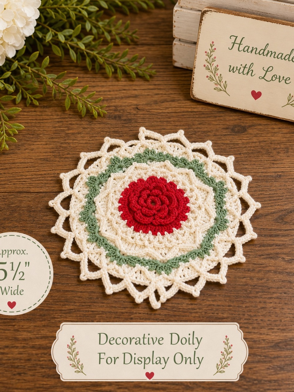 Source Unknown Red, Cream & Green Crochet Decorative Doily